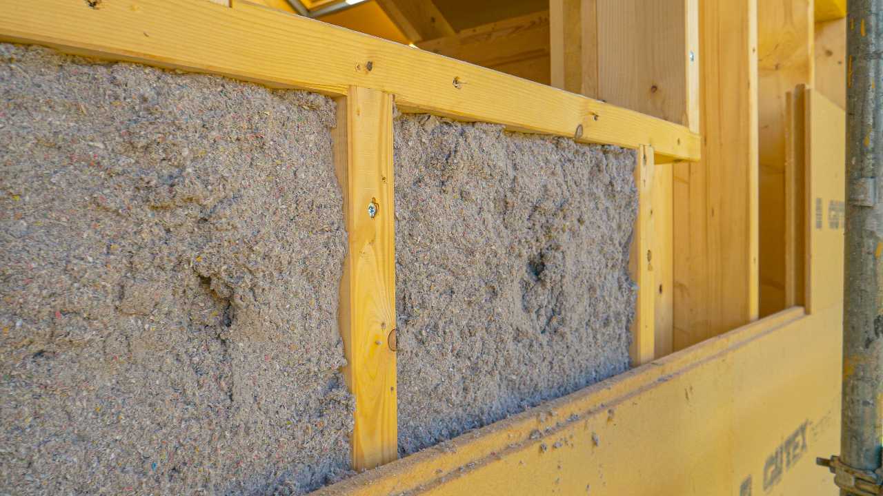 Cellulose insulation between timber frames